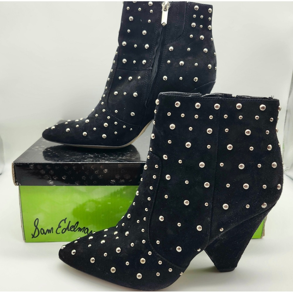 Sam Edelman Roya Black Suede Leather Studded Pointed Toe Ankle Boots Womens 8.5